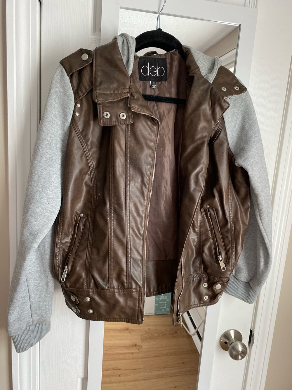 Deb Brown Faux Leather Jacket with Gray Hoodie Accents